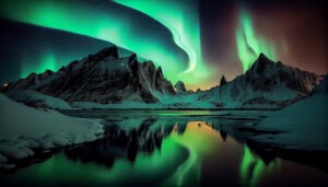 Night sky glows with aurora, snowy mountains ,generative AI