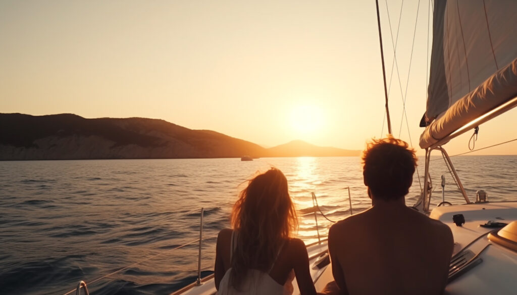 Romance on sailboat two people, carefree, sunset generated by AI